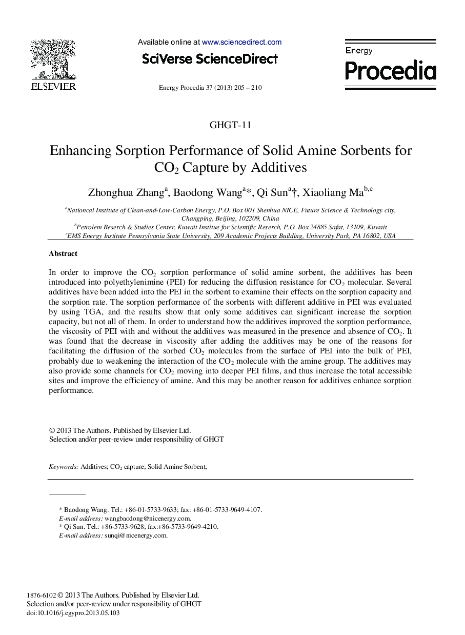 Enhancing Sorption Performance of Solid Amine Sorbents for CO2 Capture by Additives 