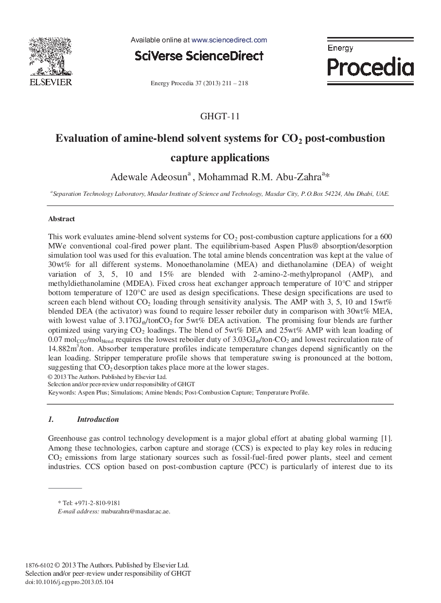 Evaluation of amine-blend solvent systems for CO2 post-combustion capture applications 
