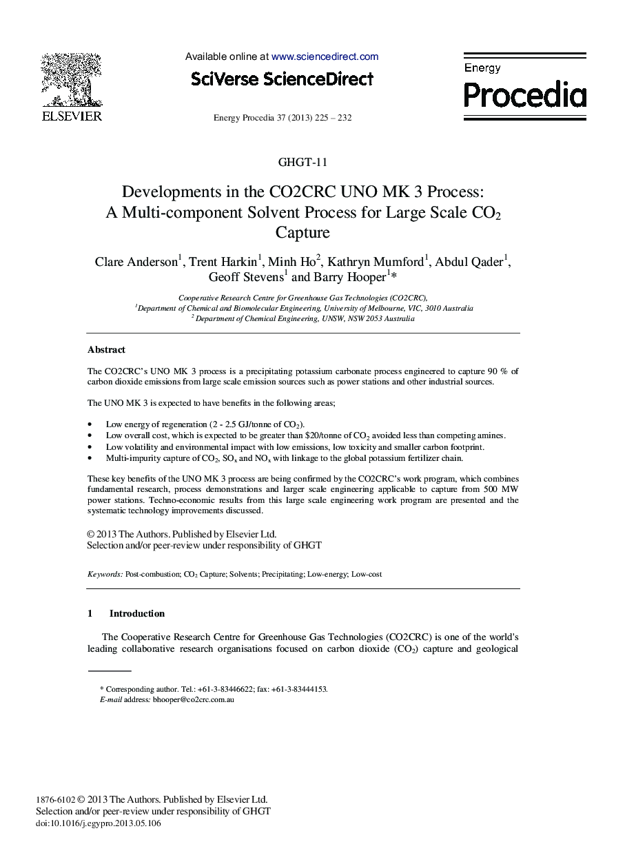 Developments in the CO2CRC UNO MK 3 Process: A Multi-component Solvent Process for Large Scale CO2 Capture 