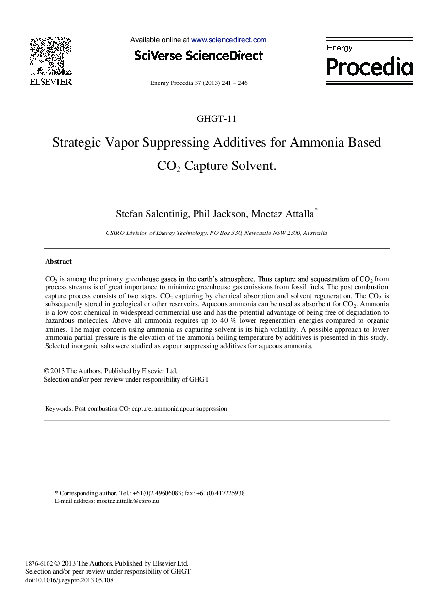 Strategic Vapor Suppressing Additives for Ammonia Based CO2 Capture Solvent 