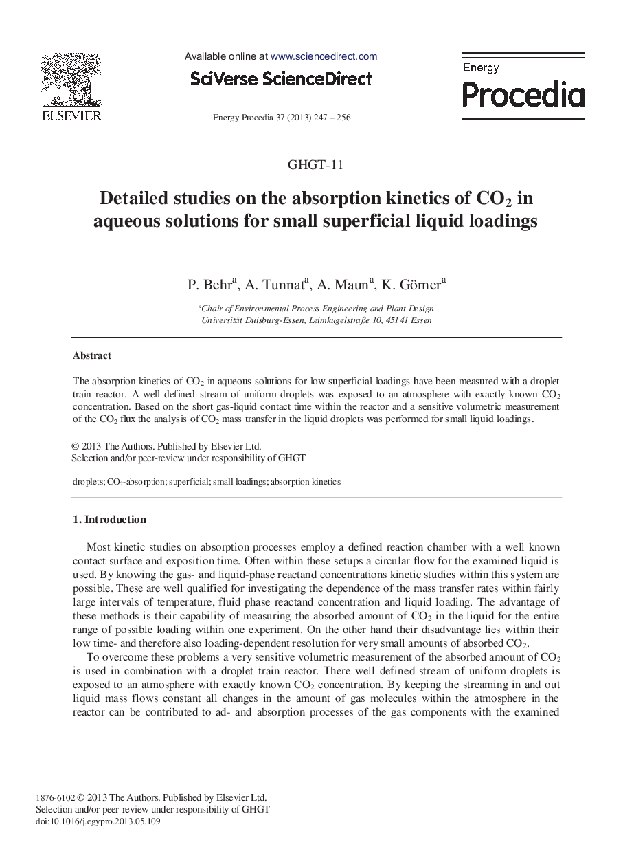 Detailed studies on the absorption kinetics of CO2 in aqueous solutions for small superficial liquid loadings 