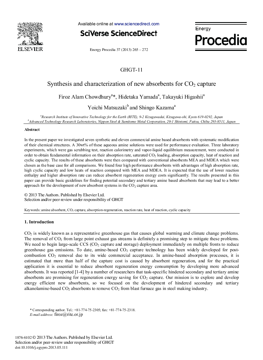 Synthesis and characterization of new absorbents for CO2 capture 