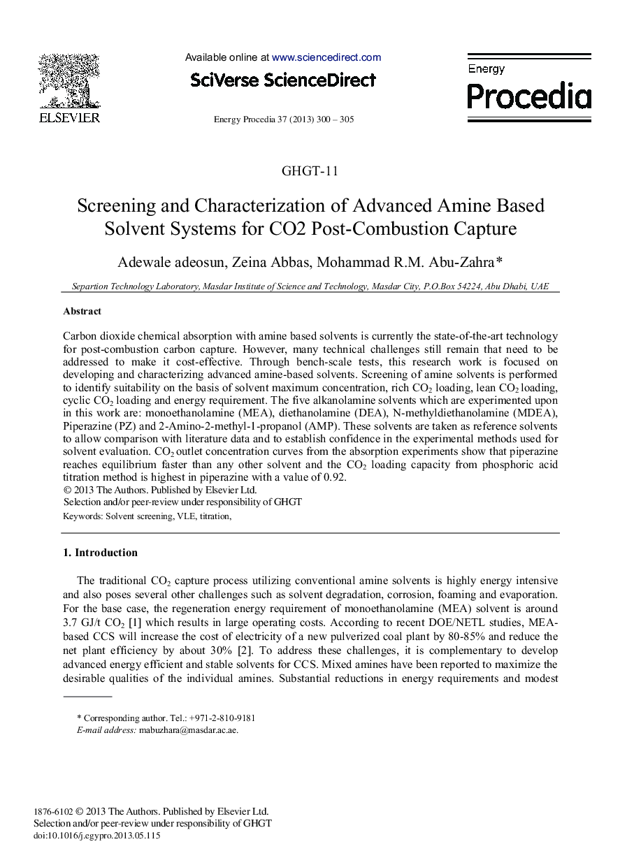 Screening and Characterization of Advanced Amine Based Solvent Systems for CO2 Post-Combustion Capture 