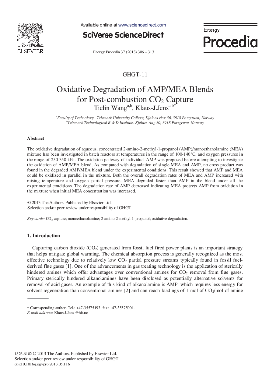Oxidative Degradation of AMP/MEA Blends for Post-combustion CO2 Capture 