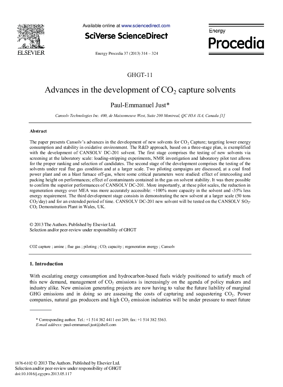 Advances in the development of CO2 capture solvents 