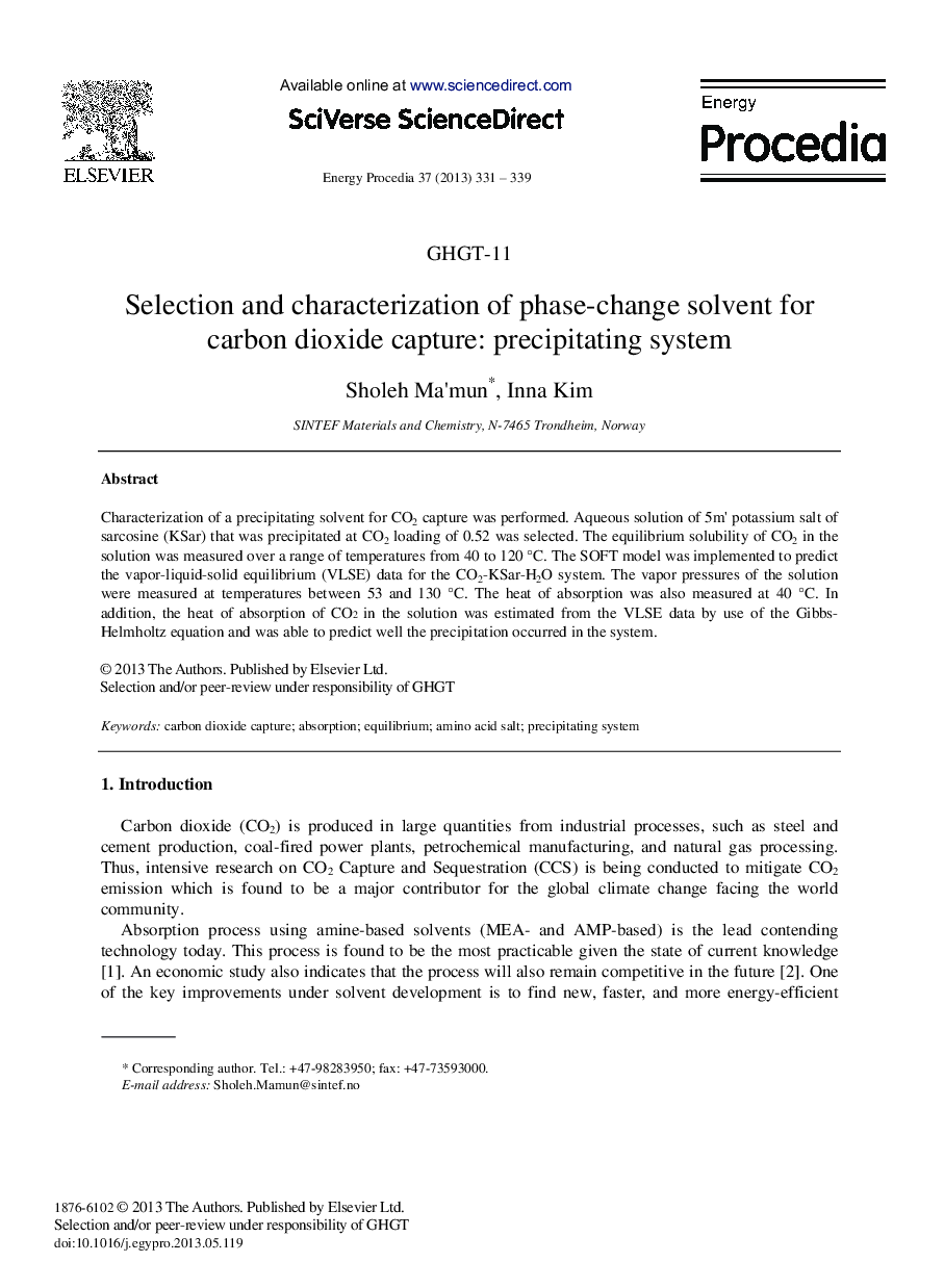 Selection and characterization of phase-change solvent for carbon dioxide capture: precipitating system 