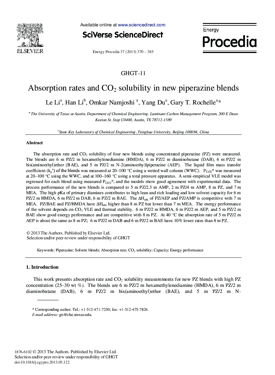 Absorption rates and CO2 solubility in new piperazine blends 