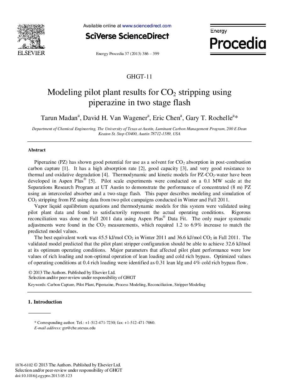 Modeling pilot plant results for CO2 stripping using piperazine in two stage flash 