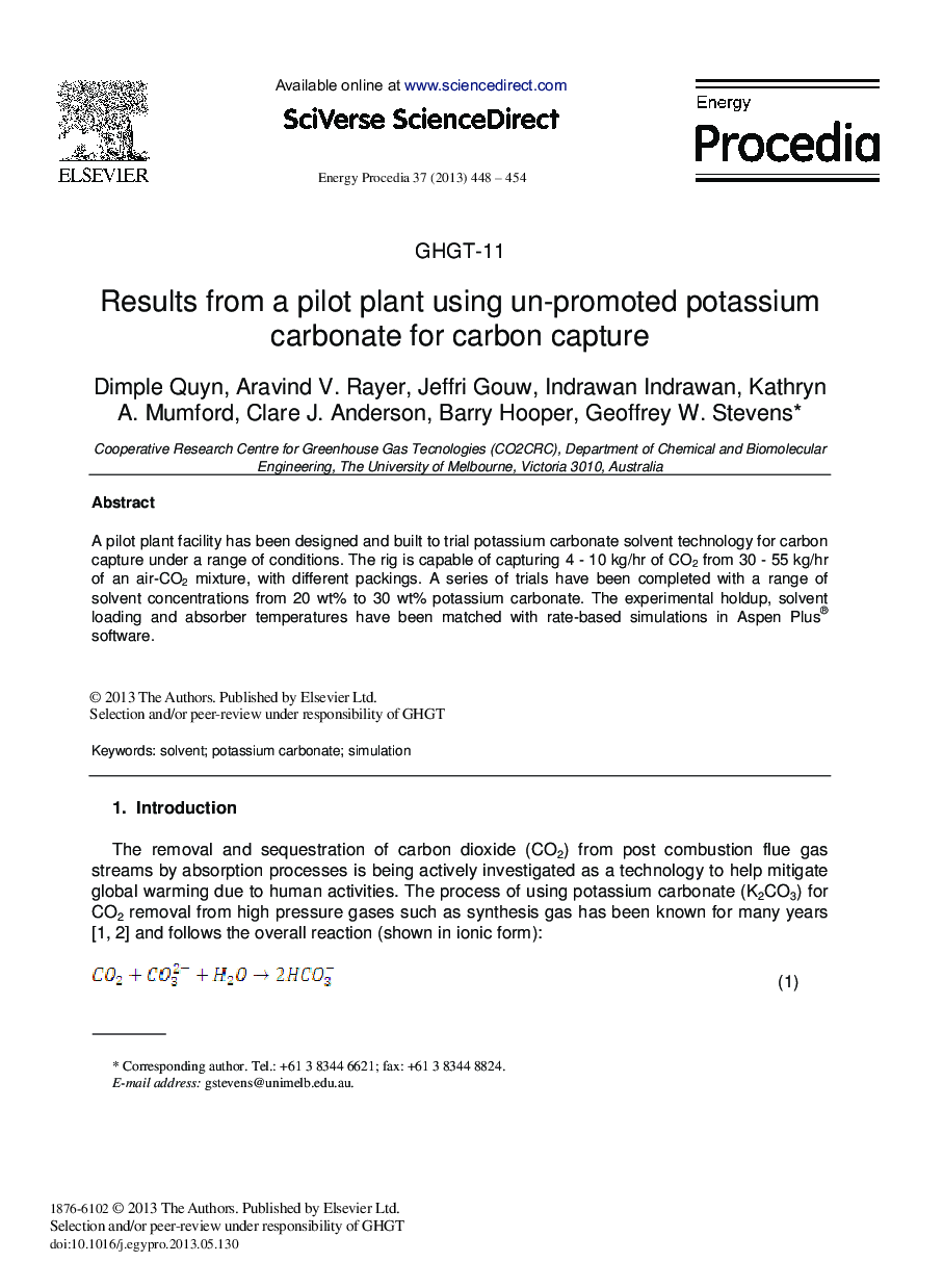 Results from a Pilot Plant Using Un-promoted Potassium Carbonate for Carbon Capture 