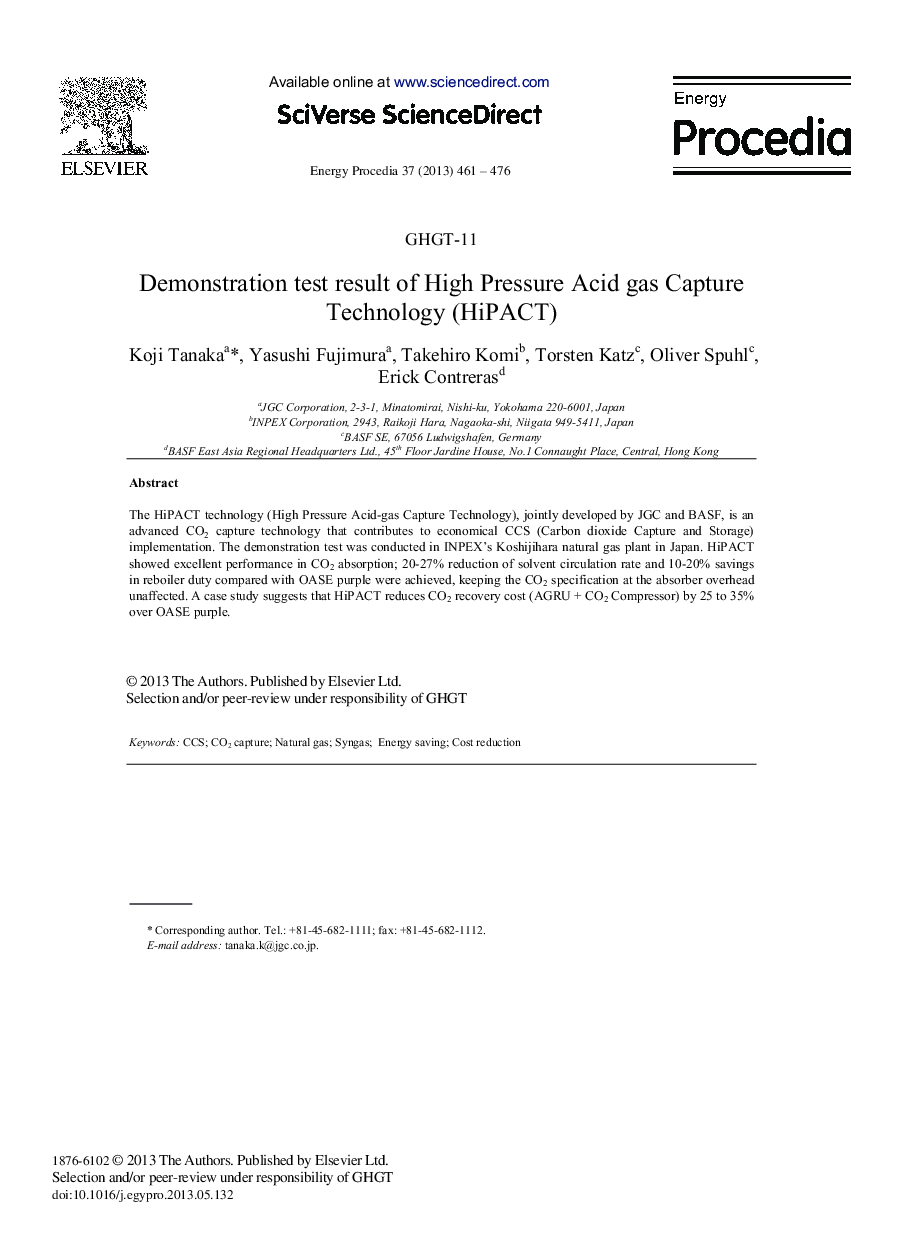 Demonstration test result of High Pressure Acid gas Capture Technology (HiPACT) 
