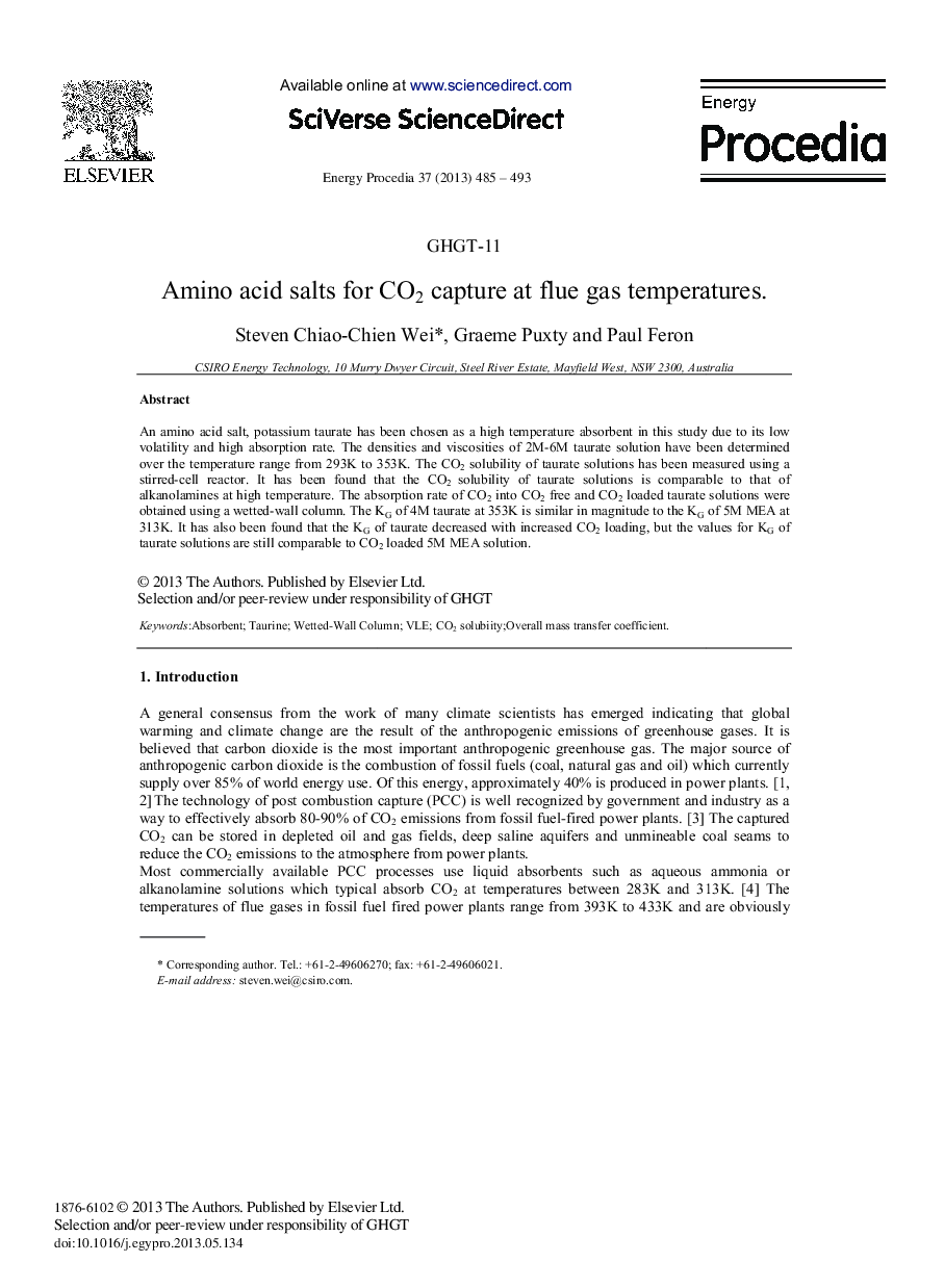 Amino acid salts for CO2 capture at flue gas temperatures 