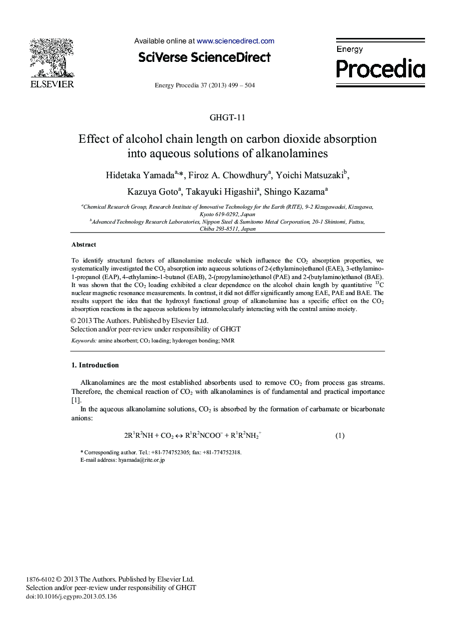 Effect of alcohol chain length on carbon dioxide absorption into aqueous solutions of alkanolamines 