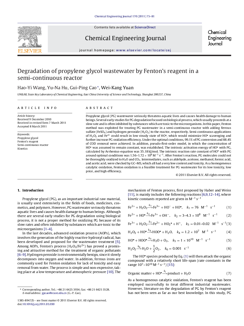 Degradation of propylene glycol wastewater by Fenton's reagent in a semi-continuous reactor