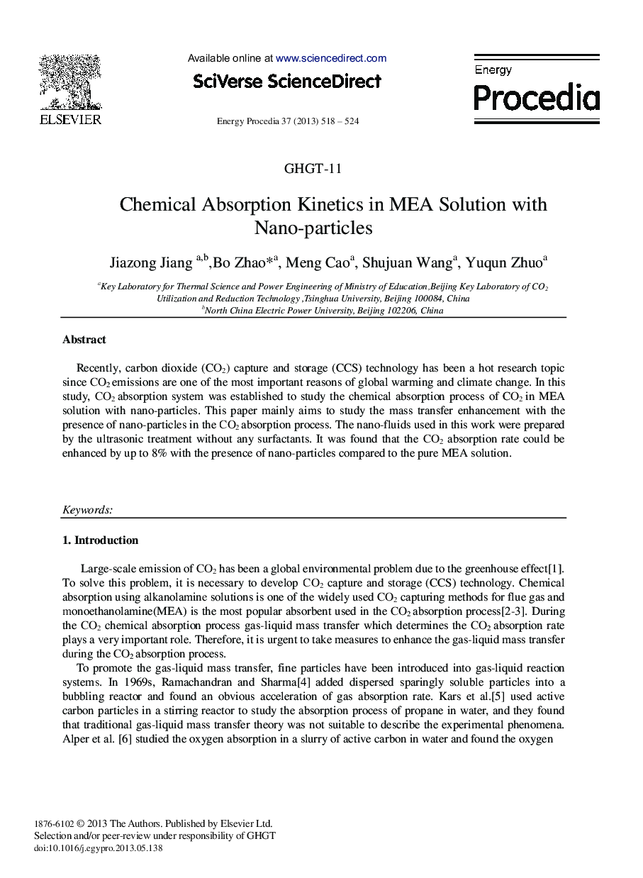 Chemical Absorption Kinetics in MEA Solution with Nano-particles 