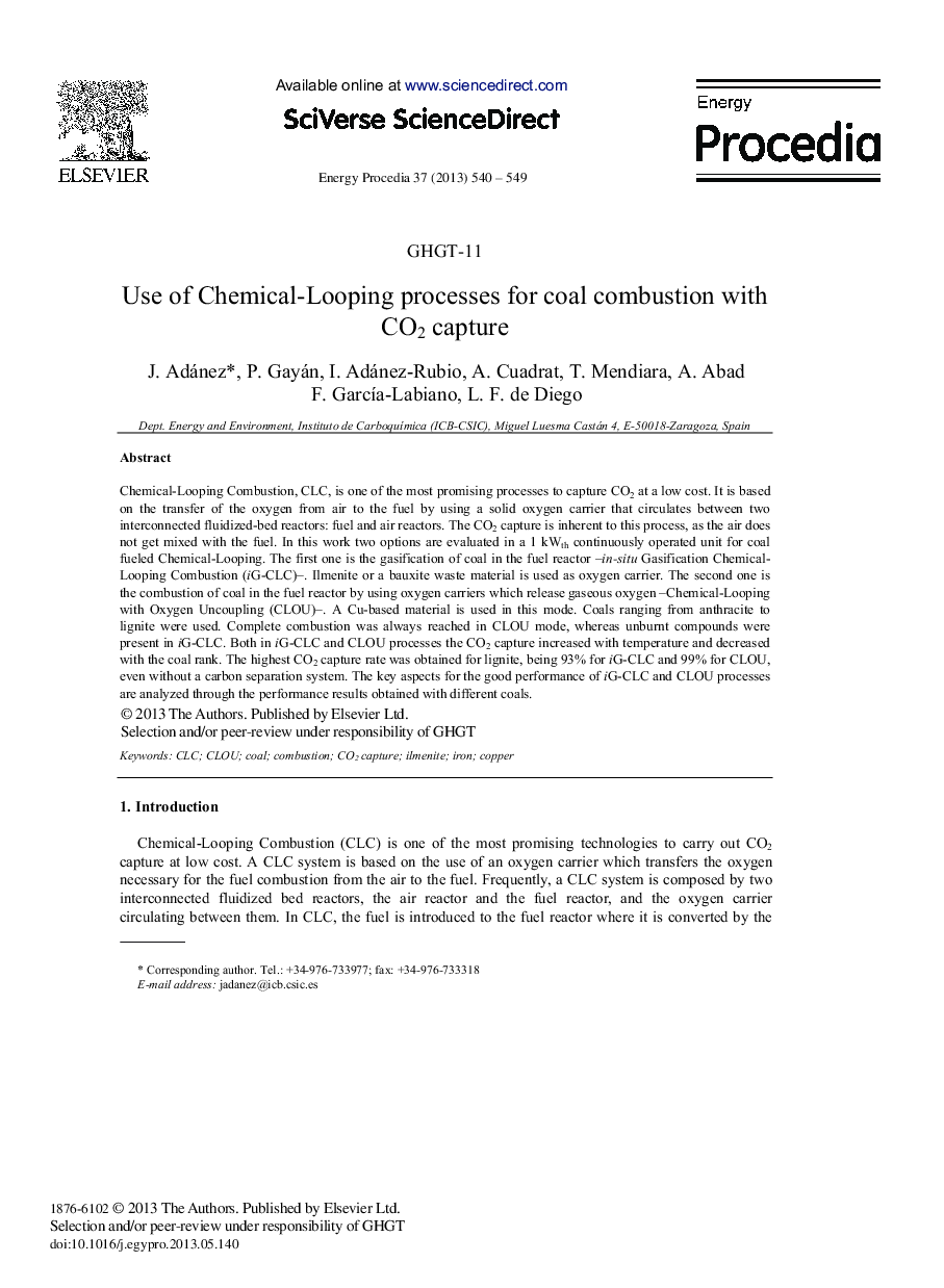 Use of Chemical-Looping processes for coal combustion with CO2 capture 