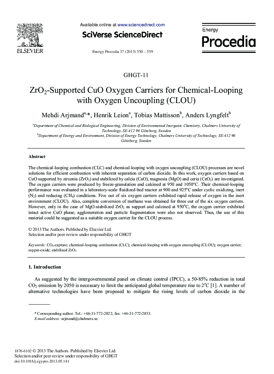ZrO2-Supported CuO Oxygen Carriers for Chemical-Looping with Oxygen Uncoupling (CLOU) 