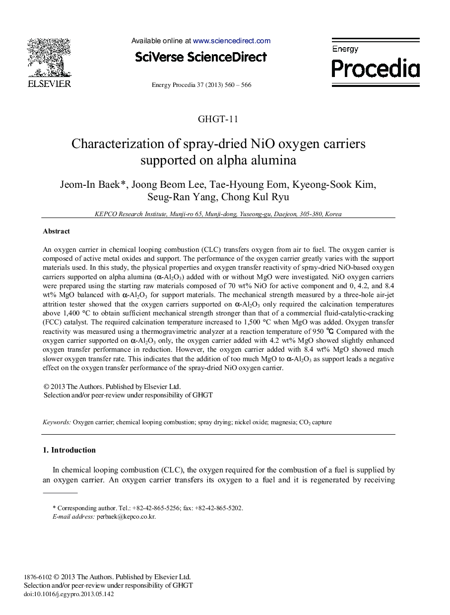 Characterization of spray-dried NiO oxygen carriers supported on alpha alumina 