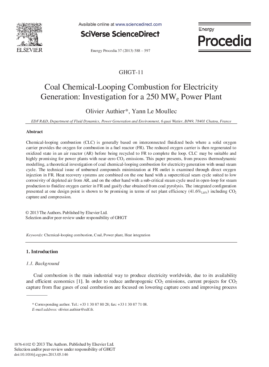Coal Chemical-Looping Combustion for Electricity Generation: Investigation for a 250 MWe Power Plant 