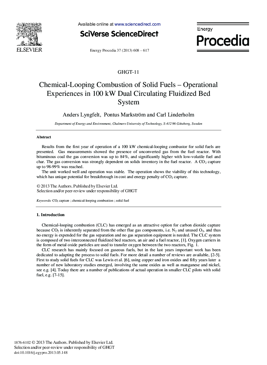 Chemical-Looping Combustion of Solid Fuels — Operational Experiences in 100 kW Dual Circulating Fluidized Bed System 