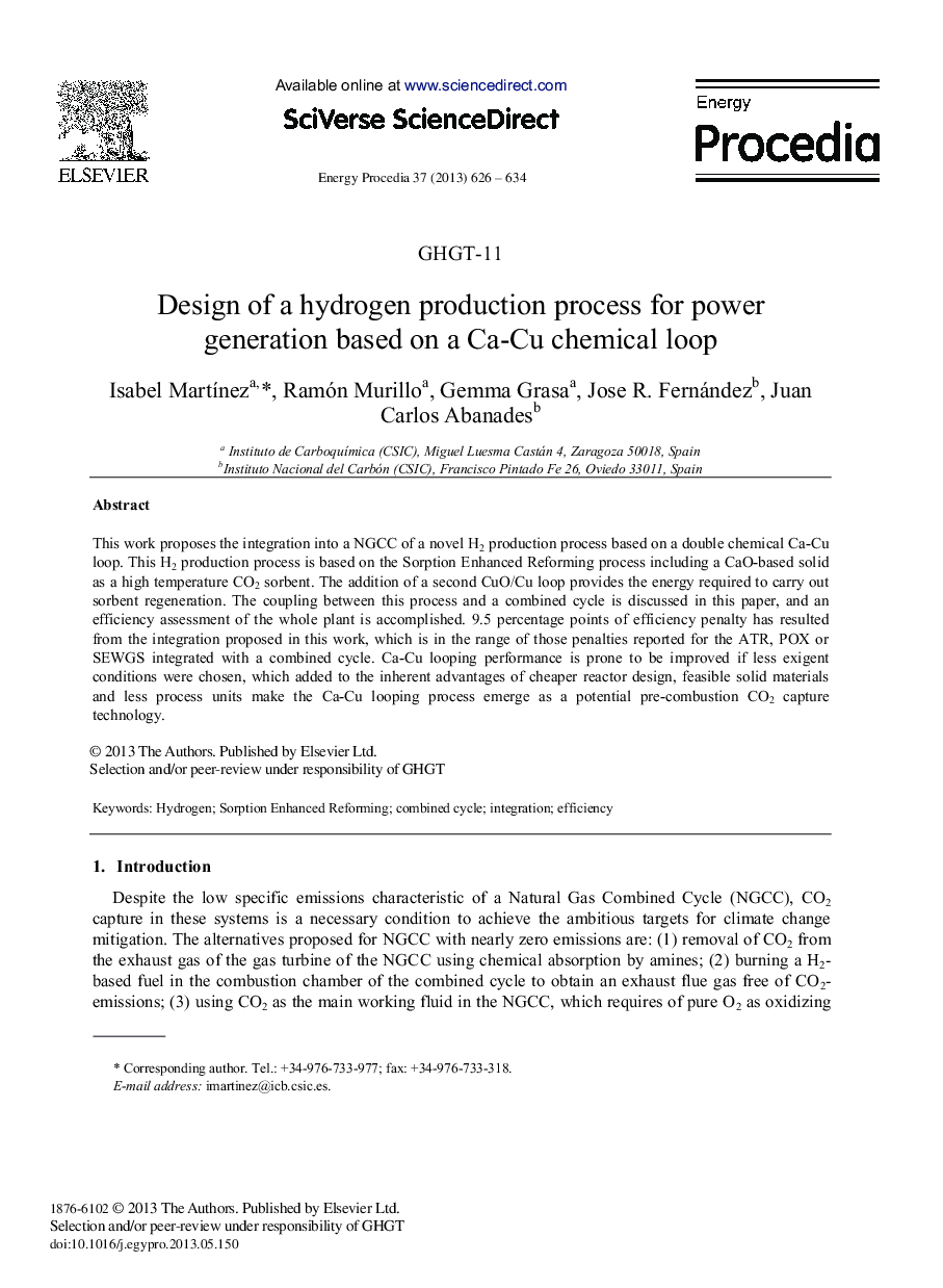 Design of a hydrogen production process for power generation based on a Ca-Cu chemical loop 