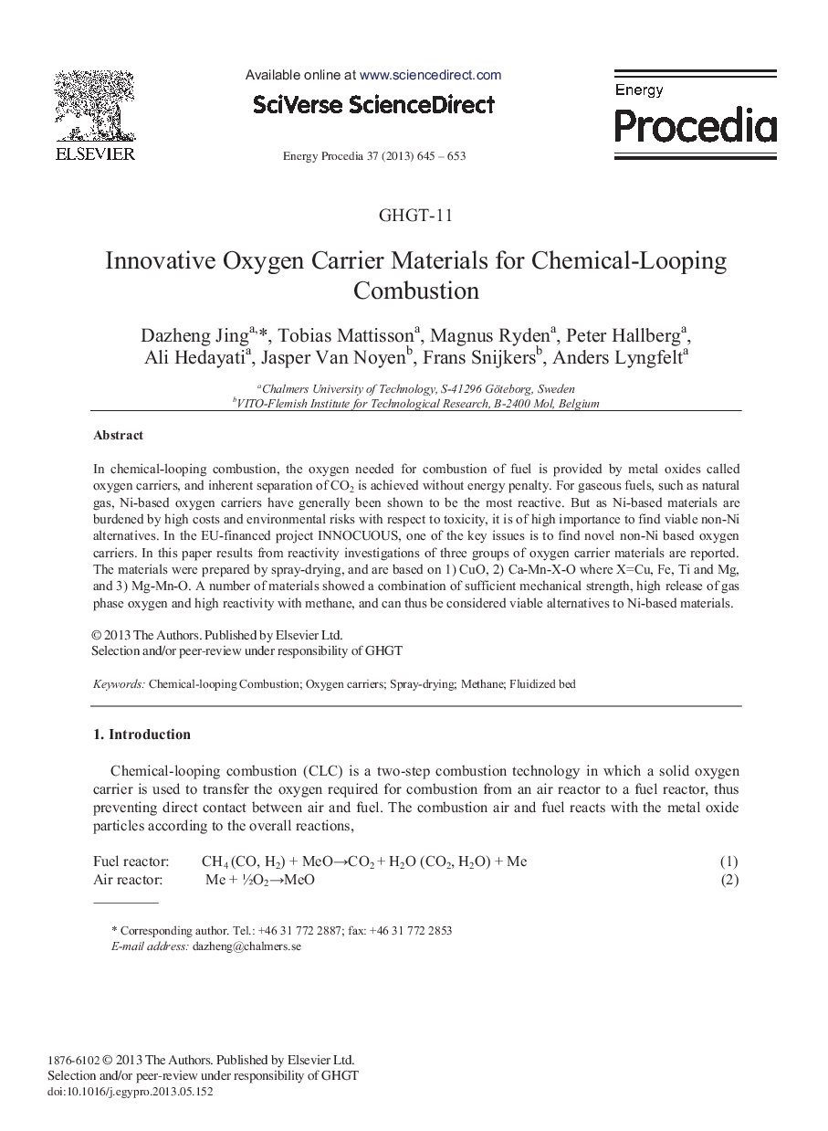 Innovative Oxygen Carrier Materials for Chemical-Looping Combustion 