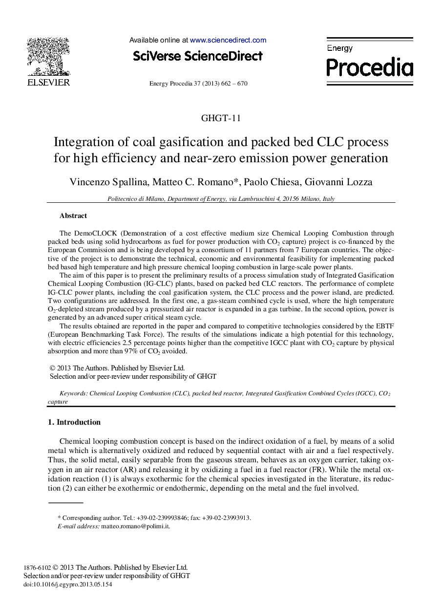 Integration of Coal Gasification and Packed Bed CLC process for High Efficiency and Near-zero Emission Power Generation