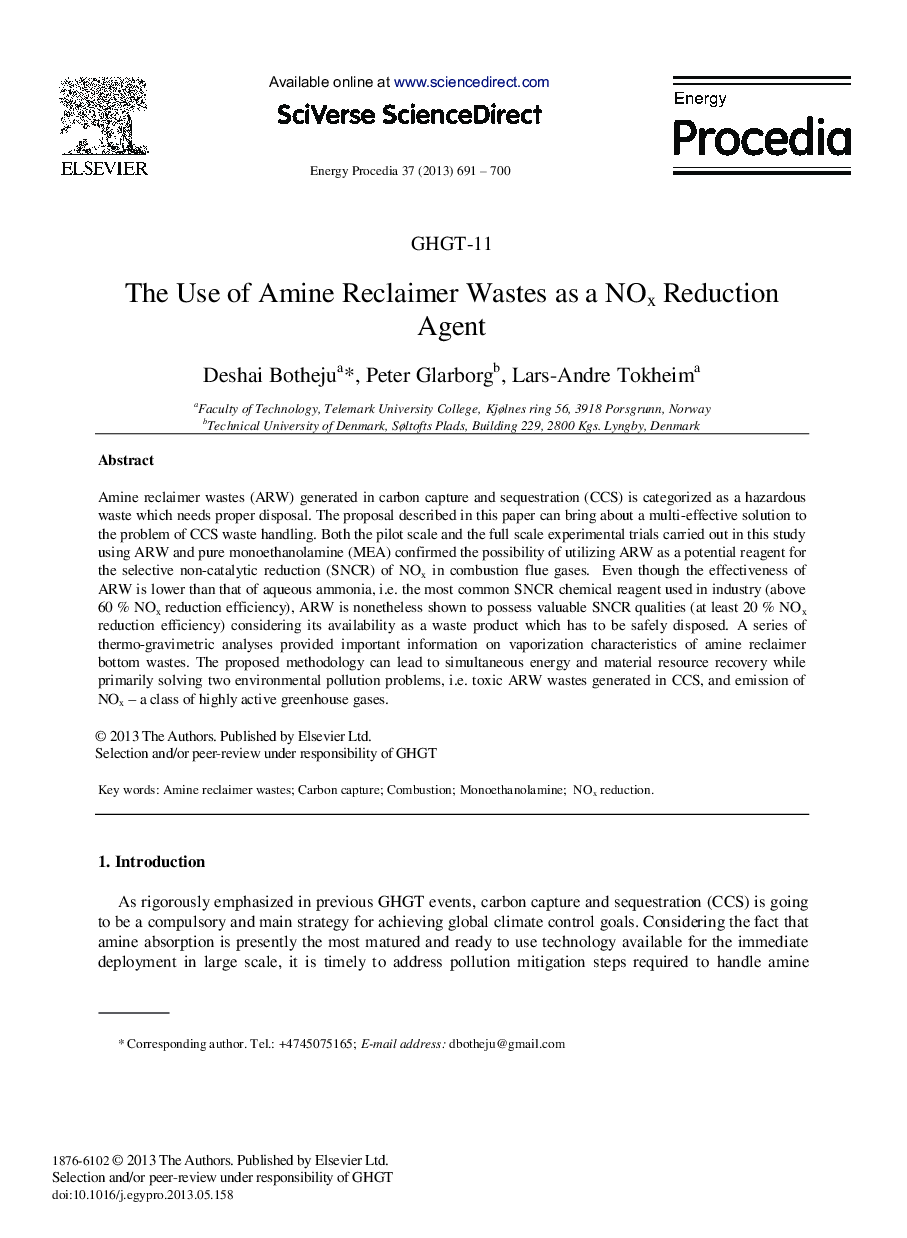 The Use of Amine Reclaimer Wastes as a NOx Reduction Agent 