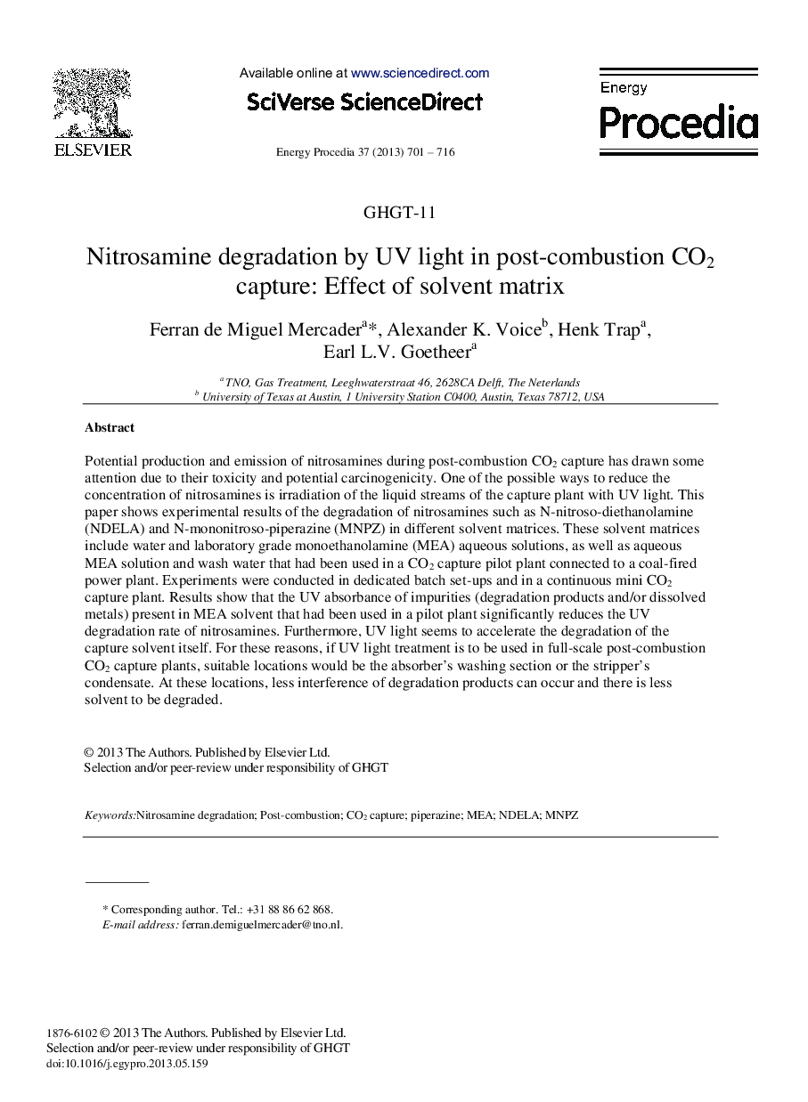 Nitrosamine degradation by UV light in post-combustion CO2 capture: Effect of solvent matrix 