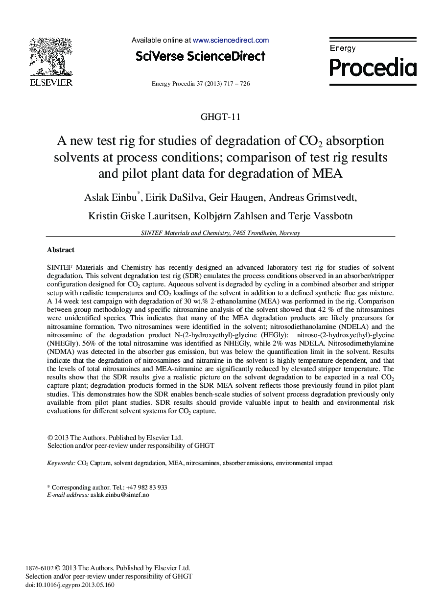 A new test rig for studies of degradation of CO2 absorption solvents at process conditions; comparison of test rig results and pilot plant data for degradation of MEA 