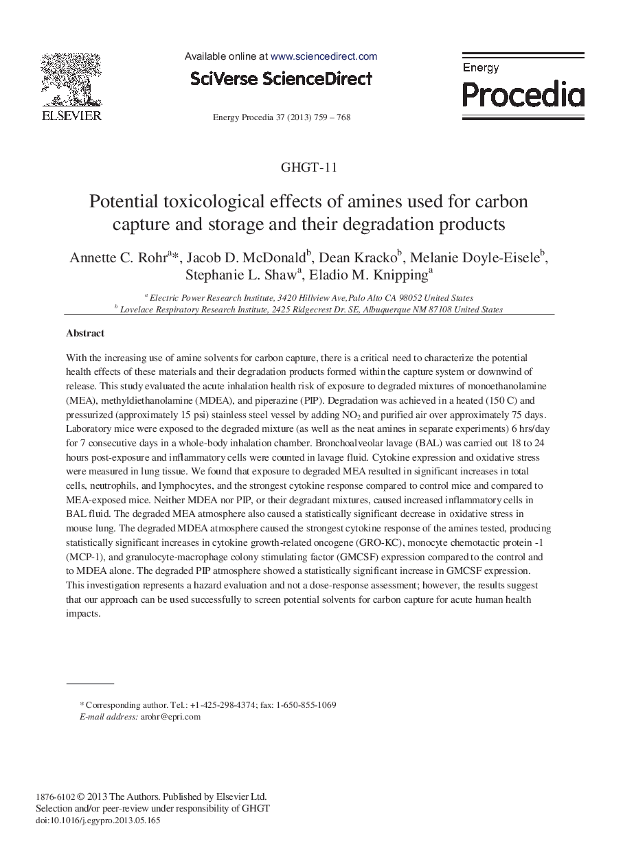 Potential toxicological effects of amines used for carbon capture and storage and their degradation products 