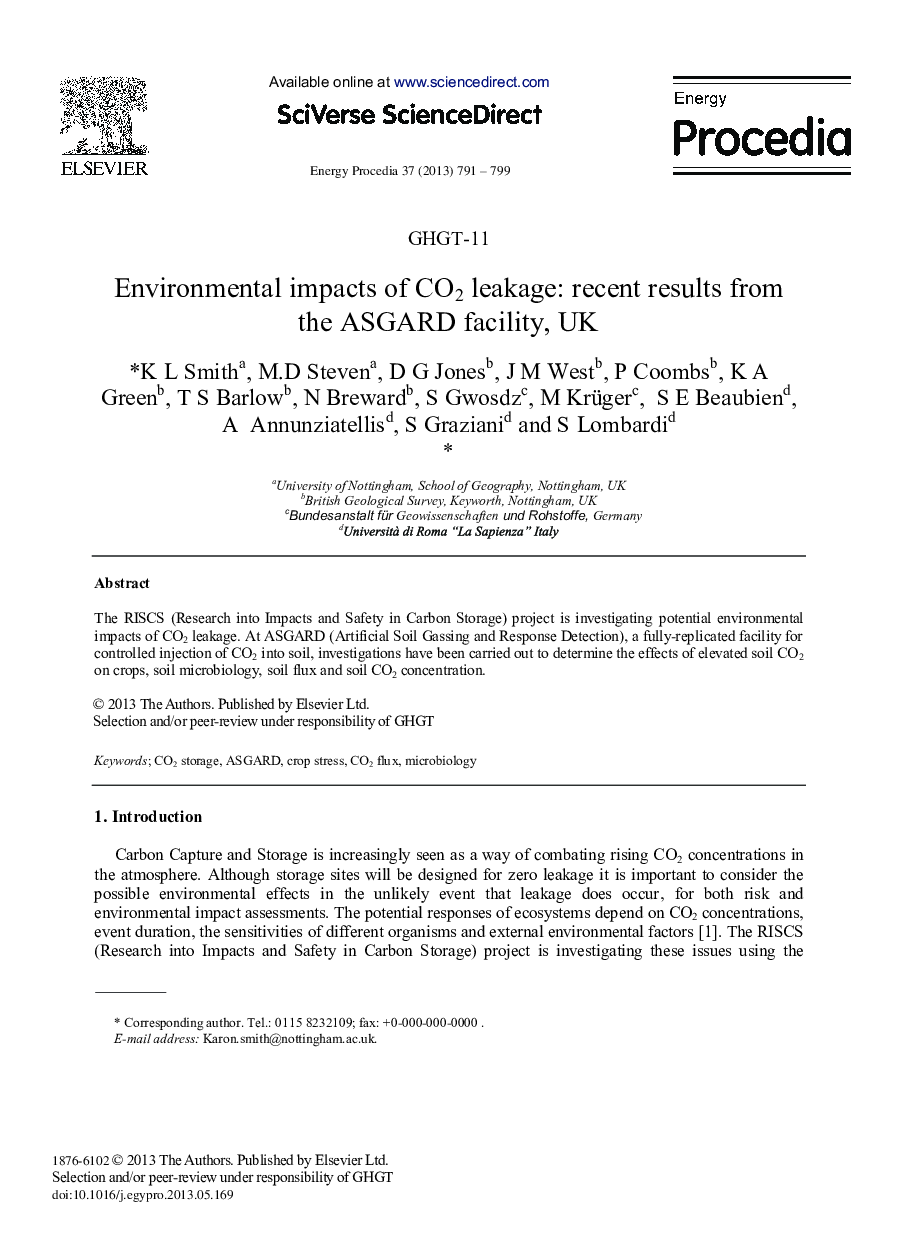 Environmental impacts of CO2 leakage: recent results from the ASGARD facility, UK