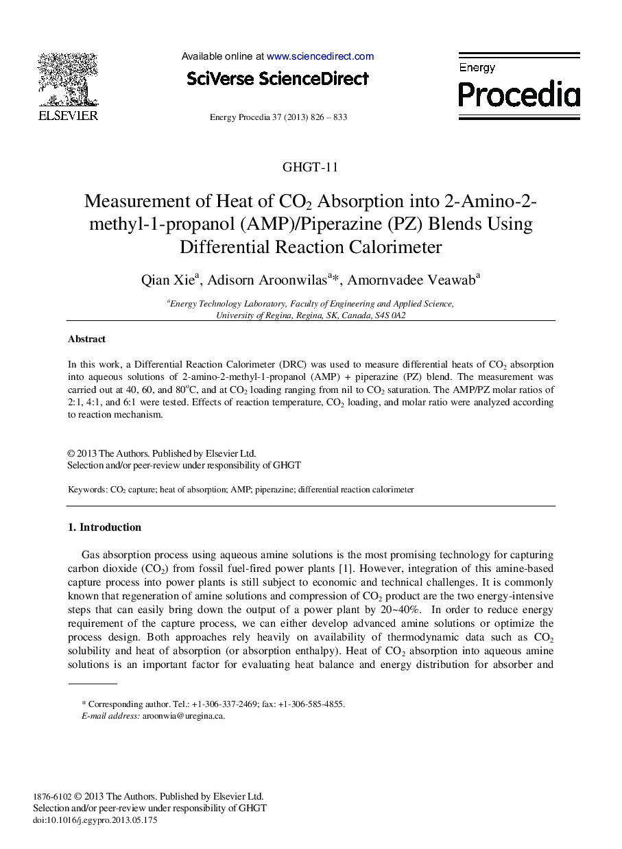 Measurement of Heat of CO2 Absorption into 2-Amino-2-methyl-1-propanol (AMP)/Piperazine (PZ) Blends Using Differential Reaction Calorimeter 