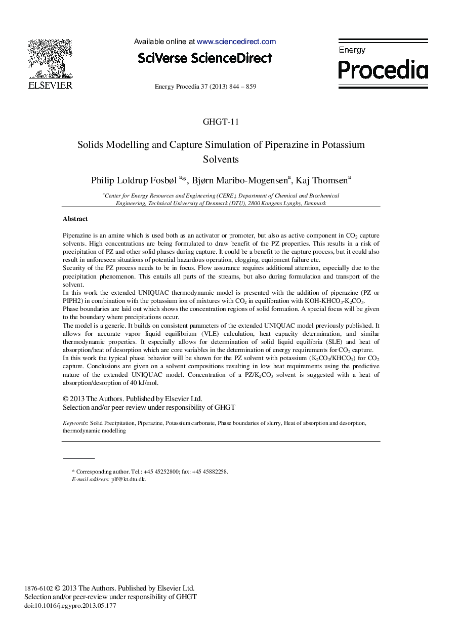 Solids Modelling and Capture Simulation of Piperazine in Potassium Solvents 
