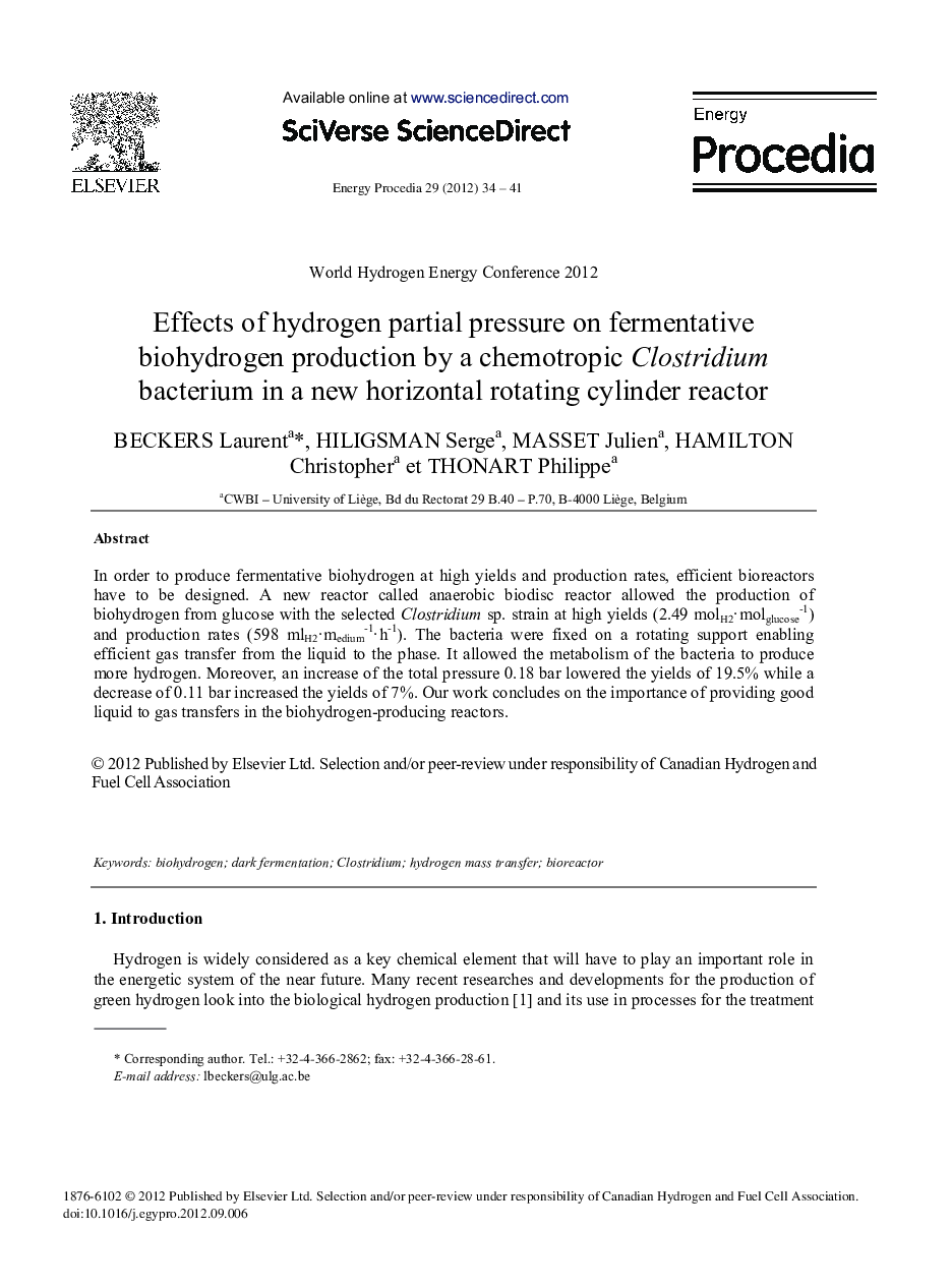 Effects of Hydrogen Partial Pressure on Fermentative Biohydrogen Production by a Chemotropic Clostridium Bacterium in a New Horizontal Rotating Cylinder Reactor