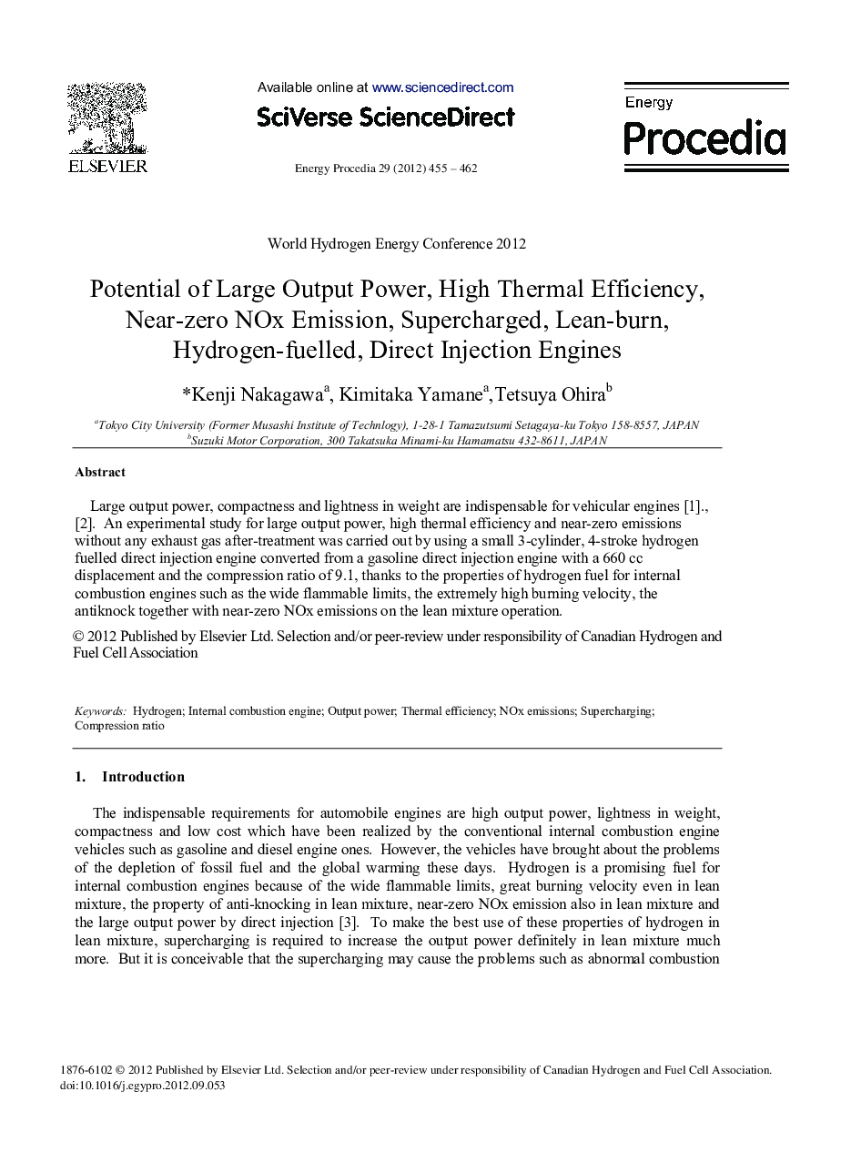 Potential of Large Output Power, High Thermal Efficiency, Near-zero NOx Emission, Supercharged, Lean-burn, Hydrogen-fuelled, Direct Injection Engines