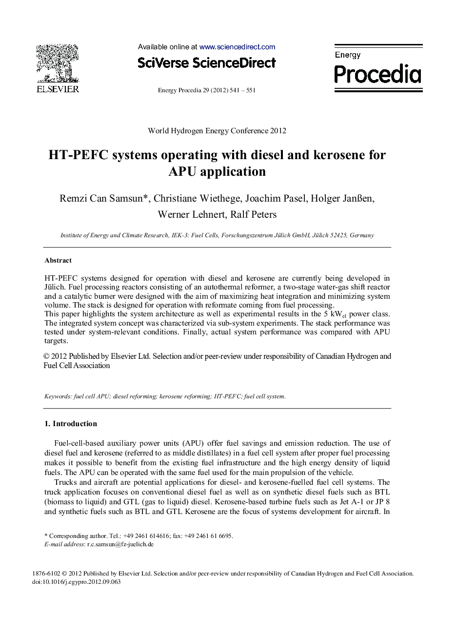 HT-PEFC Systems Operating with Diesel and Kerosene for APU Application