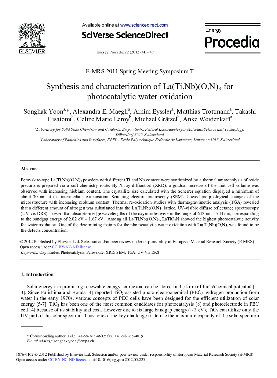 Synthesis and Characterization of La (Ti,Nb)(O,N)3 for Photocatalytic Water Oxidation