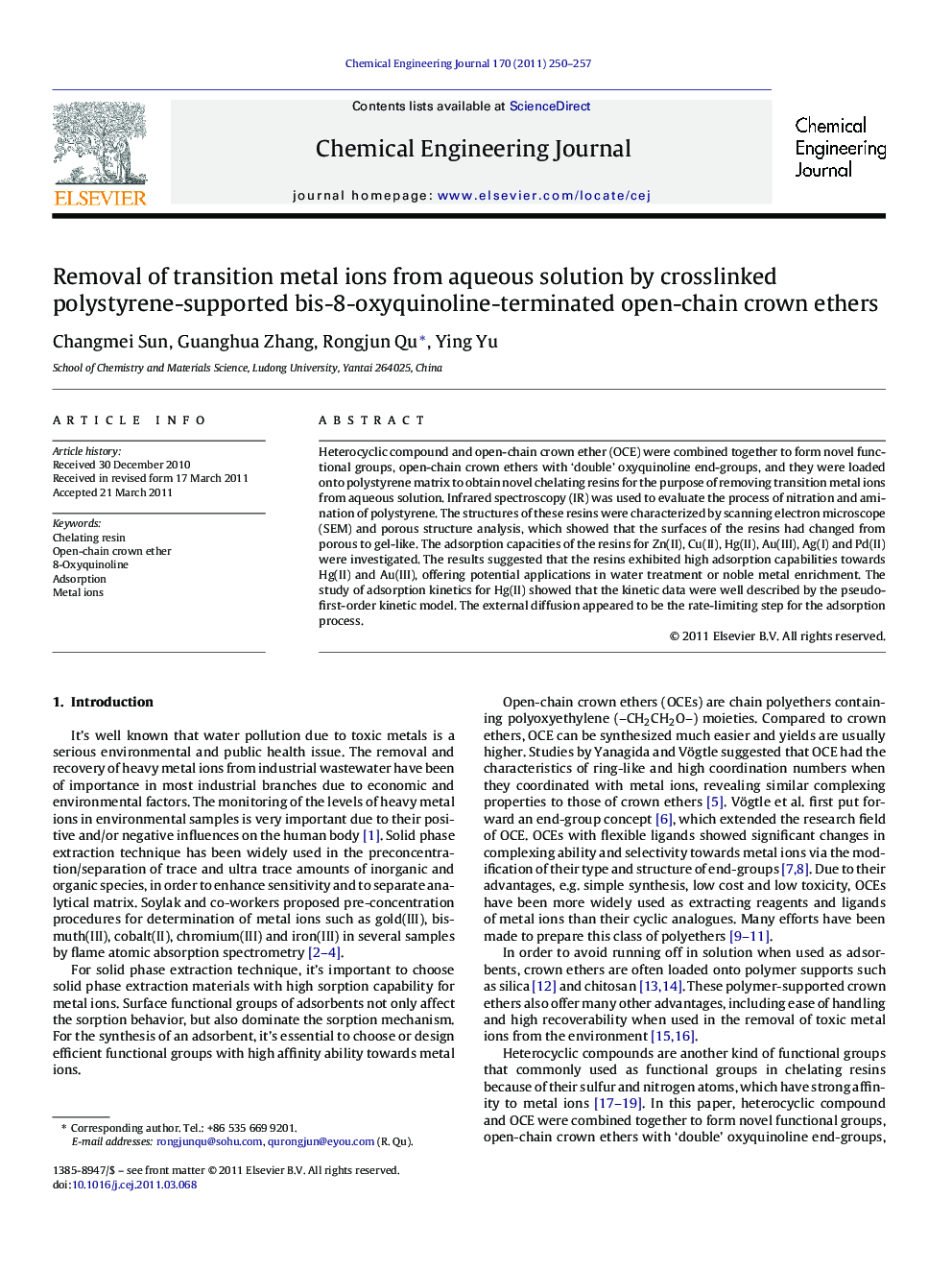 Removal of transition metal ions from aqueous solution by crosslinked polystyrene-supported bis-8-oxyquinoline-terminated open-chain crown ethers