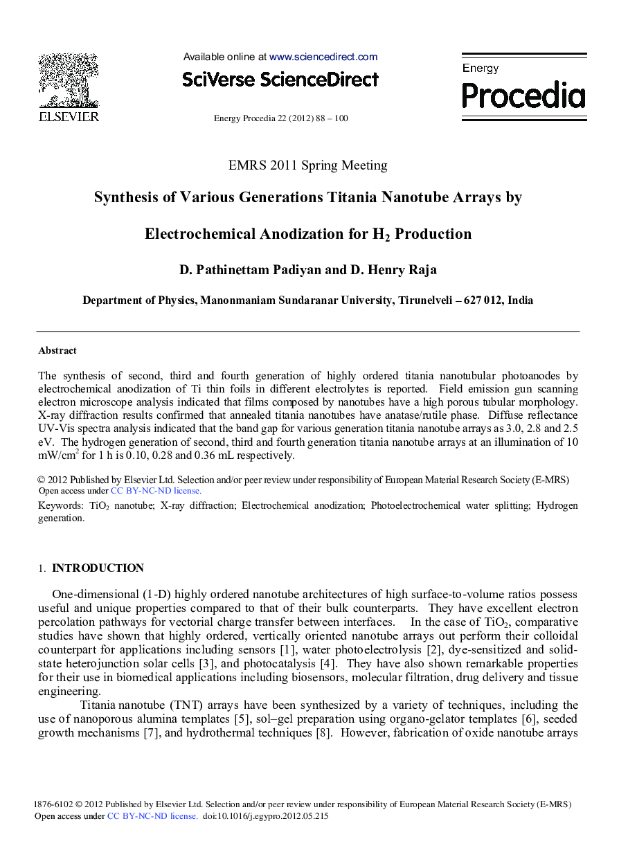 Synthesis of Various Generations Titania Nanotube Arrays by Electrochemical Anodization for H2 Production