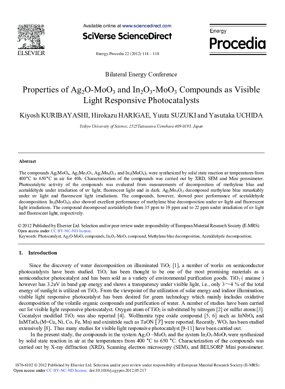 Properties of Ag2O-MoO3 and In2O3-MoO3 Compounds as Visible Light Responsive Photocatalysts