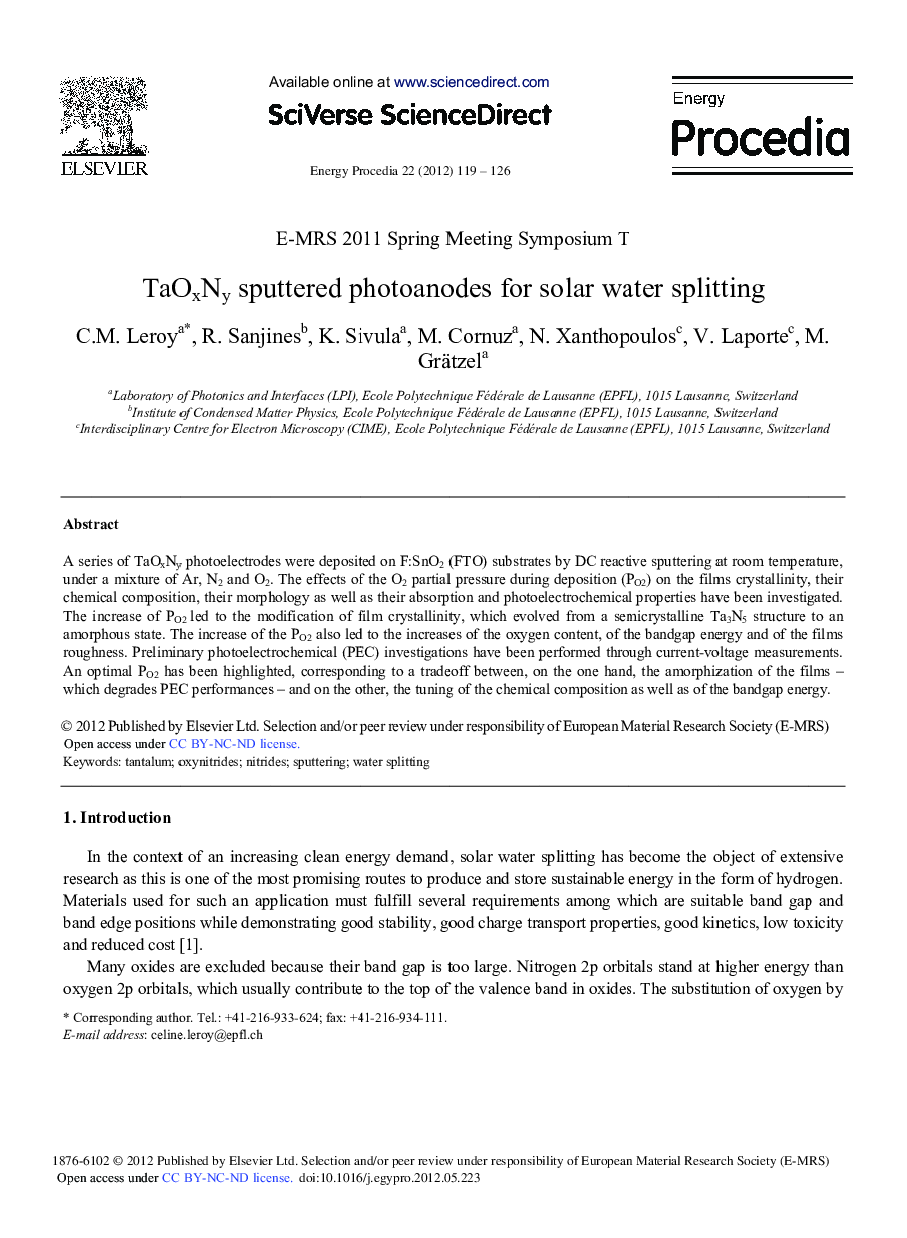 TaOxNy Sputtered Photoanodes For Solar Water Splitting