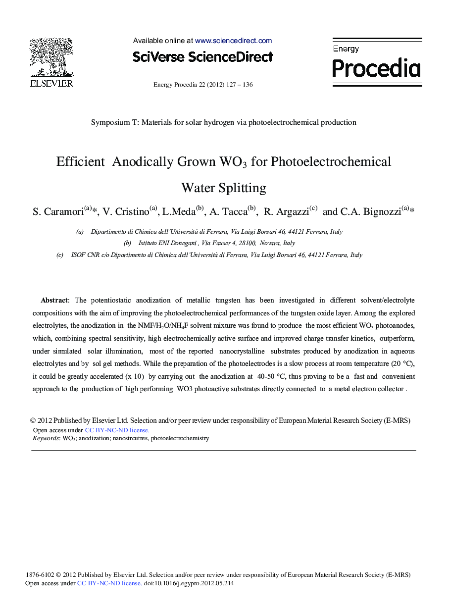 Efficient Anodically Grown WO3 for Photoelectrochemical Water Splitting