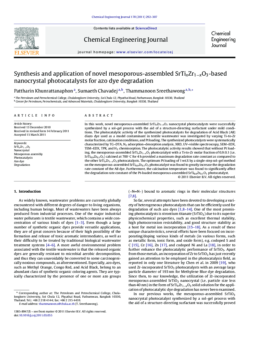 Synthesis and application of novel mesoporous-assembled SrTixZr1−xO3-based nanocrystal photocatalysts for azo dye degradation