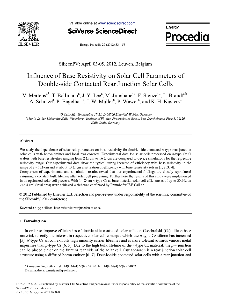 Influence of Base Resistivity on Solar Cell Parameters of Double-Side Contacted Rear Junction Solar Cells