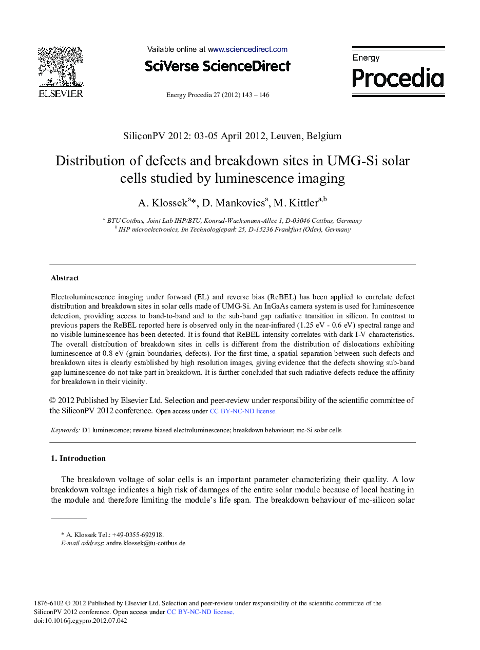 Distribution of Defects and Breakdown Sites in UMG-Si Solar Cells Studied by Luminescence Imaging