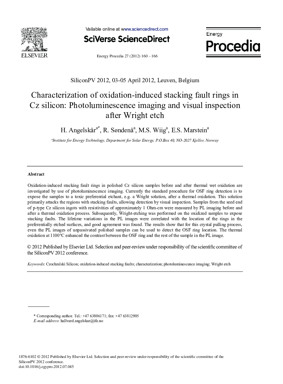 Characterization of Oxidation-Induced Stacking Fault Rings in Cz Silicon: Photoluminescence Imaging and Visual Inspection After Wright etch