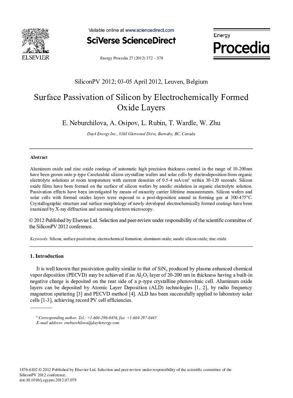 Surface Passivation of Silicon by Electrochemically Formed Oxide Layers