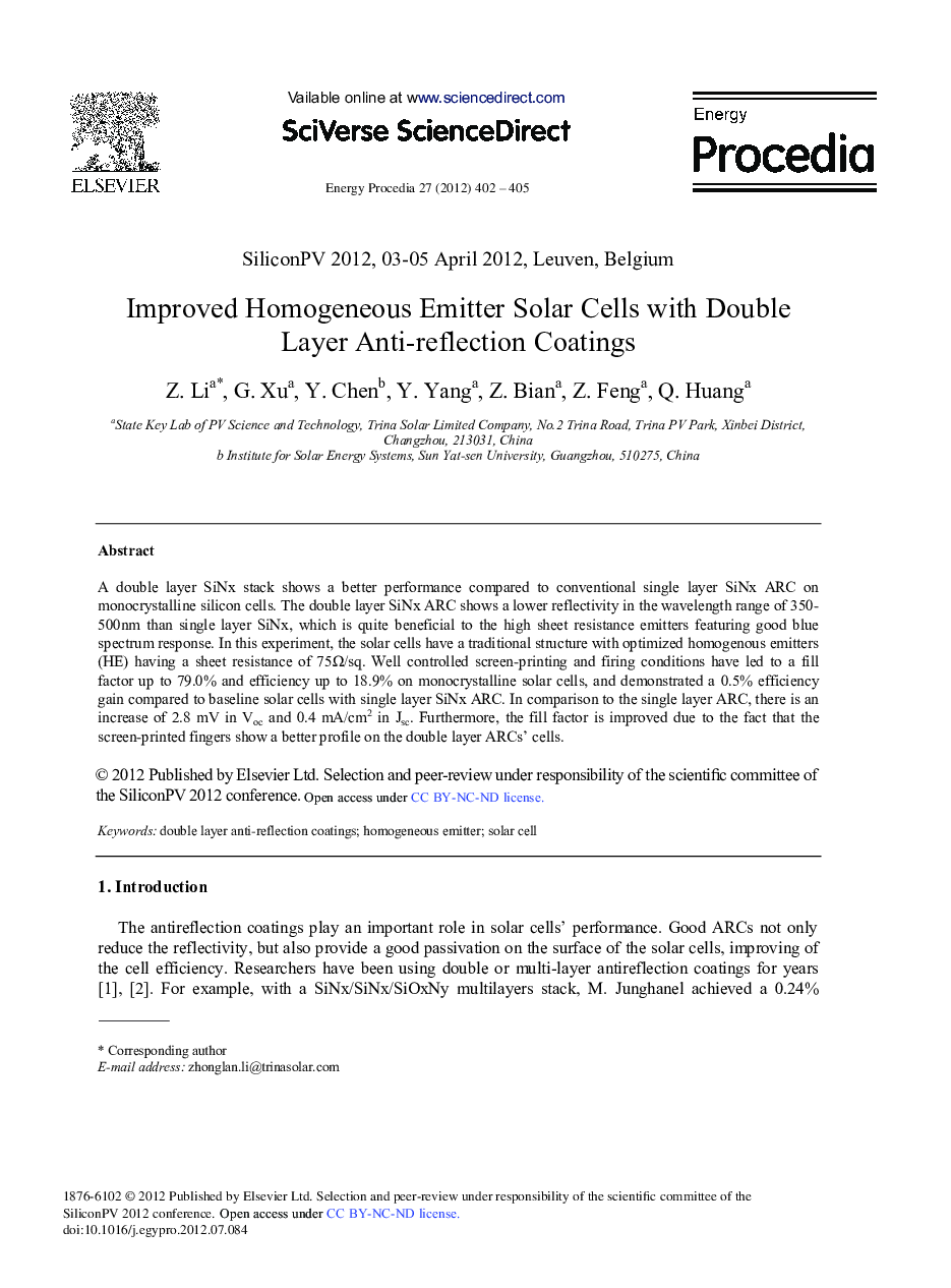 Improved Homogeneous Emitter Solar Cells with Double Layer Anti-Reflection Coatings