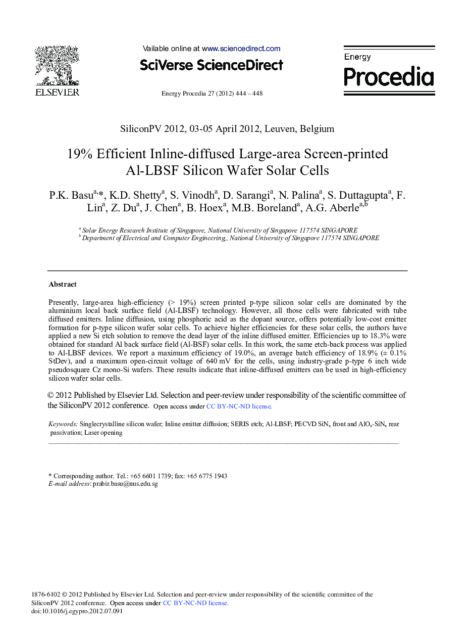 19% Efficient Inline-diffused Large-area Screen-printed Al-LBSF Silicon Wafer Solar Cells