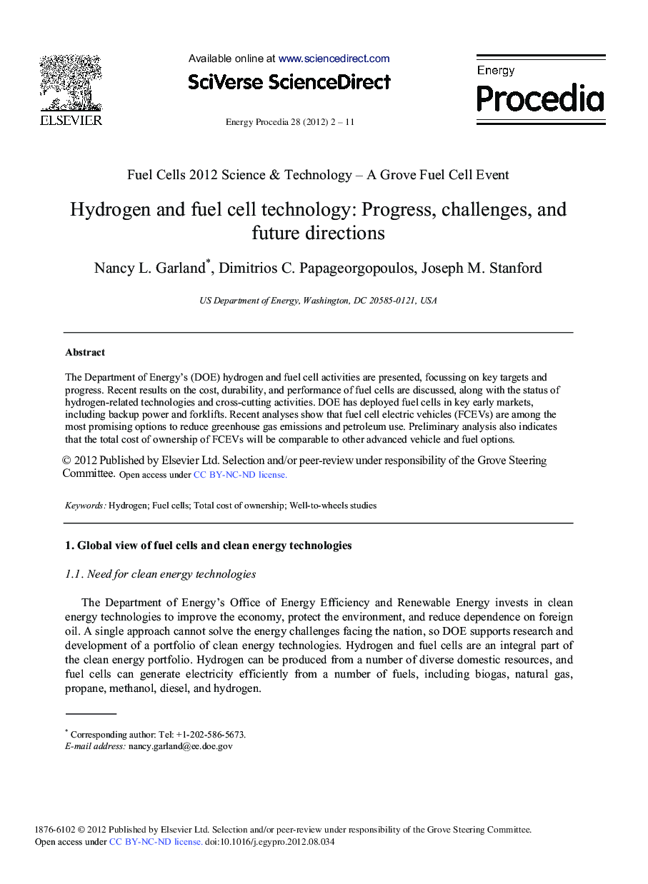 Hydrogen and Fuel Cell Technology: Progress, Challenges, and Future Directions